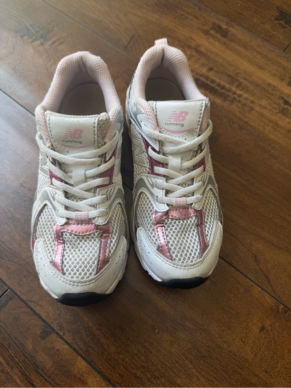 New Balance Kids White and Light Pink Athletic Sneakers